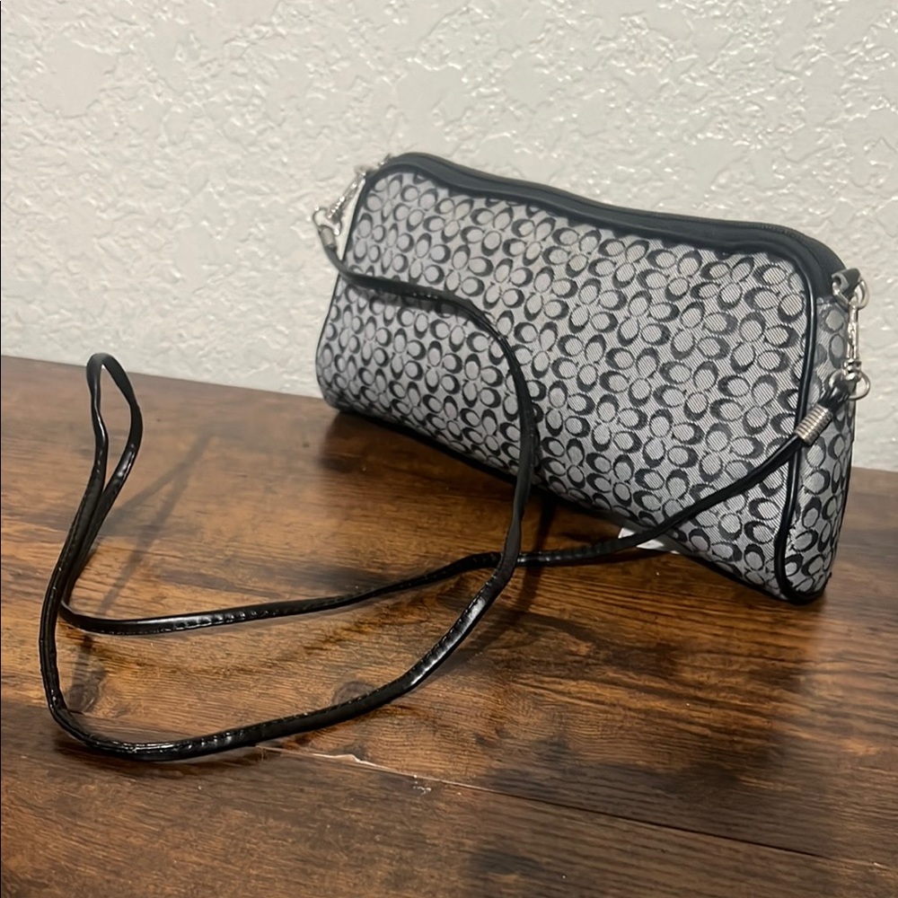 Gray Patterned Crossbody Bag with Black Trim